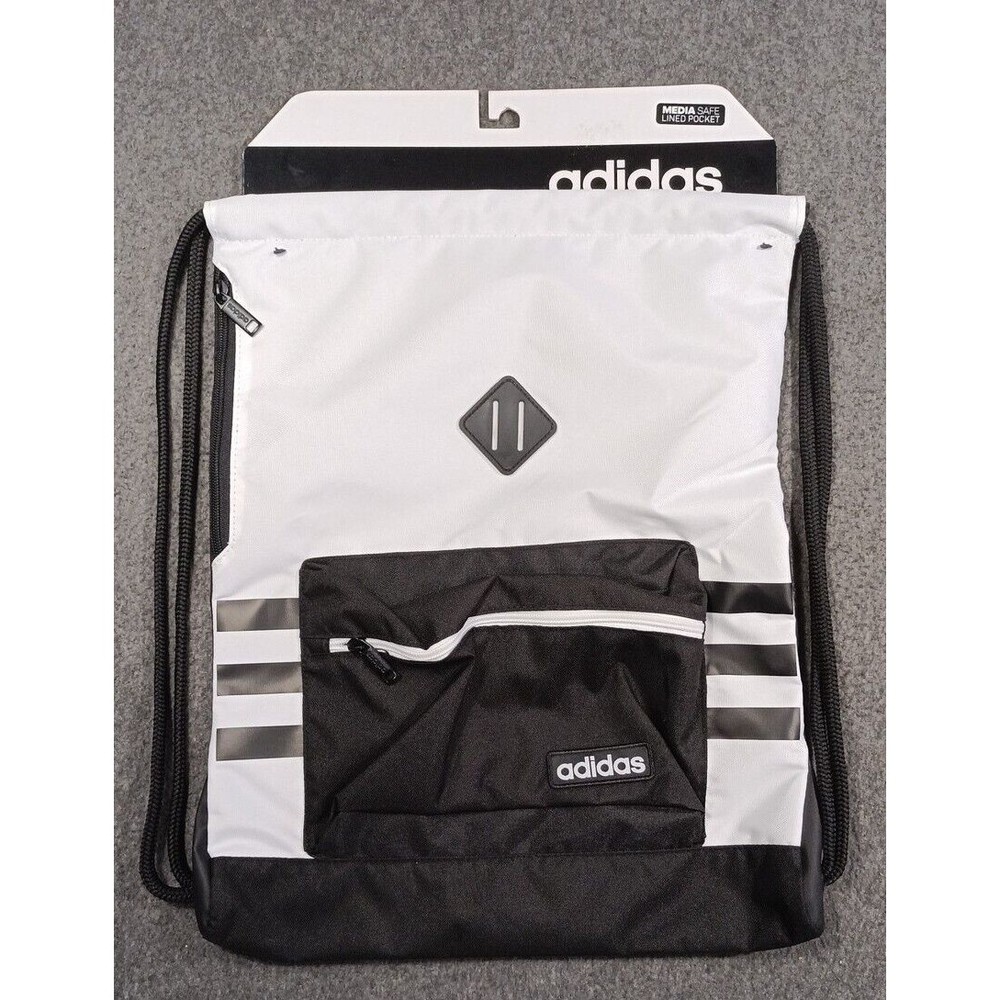 Adidas "Sack Pack" White Black - 18 X 14 Media Safe Lined Pocket New - Picture 1 of 9